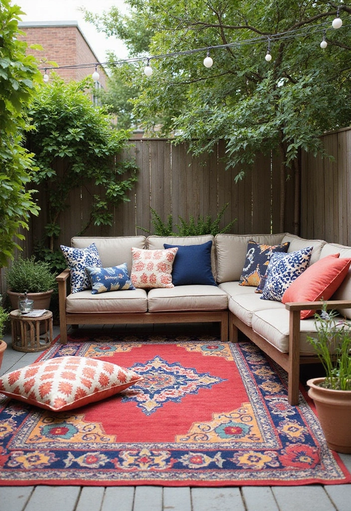 24 Small Patio Ideas for Cozy Outdoor Living - 5. Stylish Outdoor Rugs
