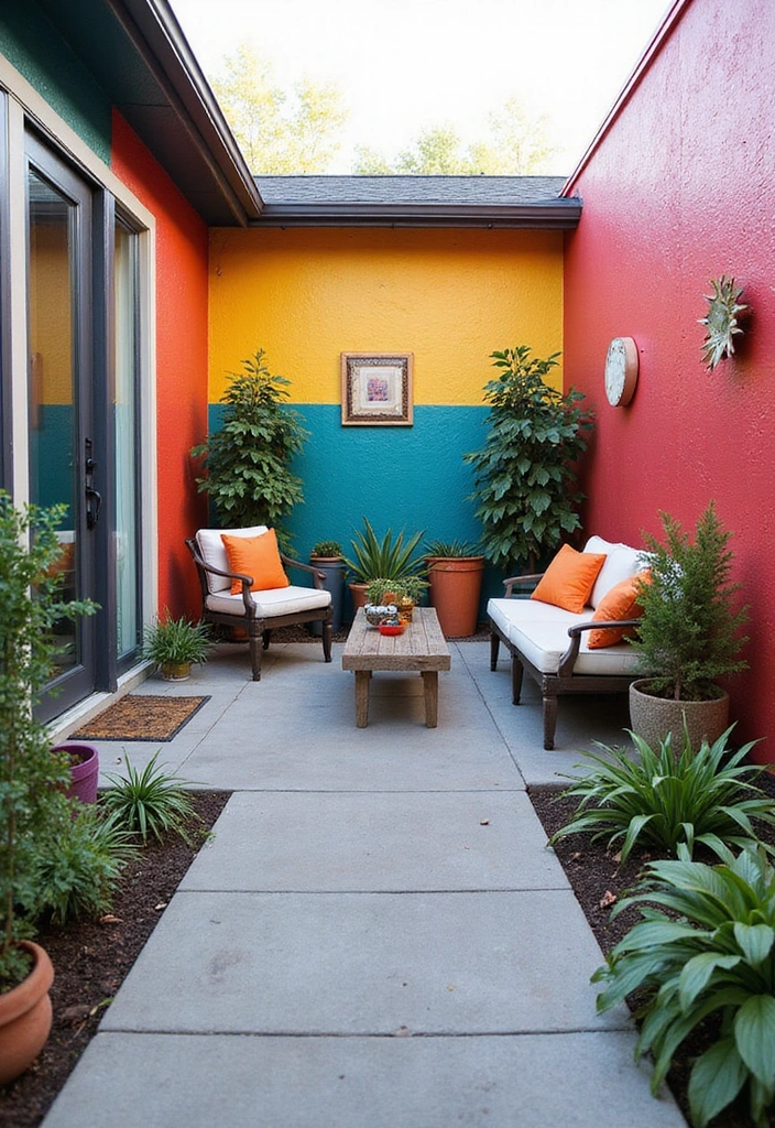 24 Small Patio Ideas for Cozy Outdoor Living - 9. Colorful Accent Wall