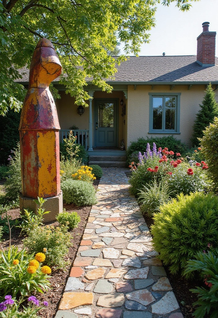 25 Front Garden Ideas for a Sustainable Touch - 15. Outdoor Art Installations