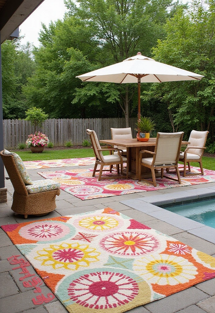 27 Bloxburg Backyard Ideas for Stunning Outdoor Living Spaces - 23. Colorful Outdoor Rugs