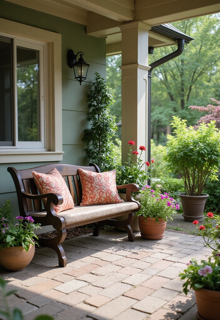27 Front Patio Ideas: Elevate Your Outdoor Living Space - 19. Charming Garden Bench