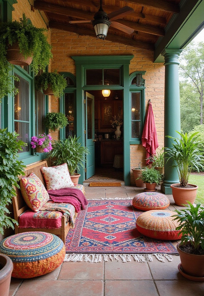 27 Front Patio Ideas: Elevate Your Outdoor Living Space - 4. Colorful Bohemian Vibes