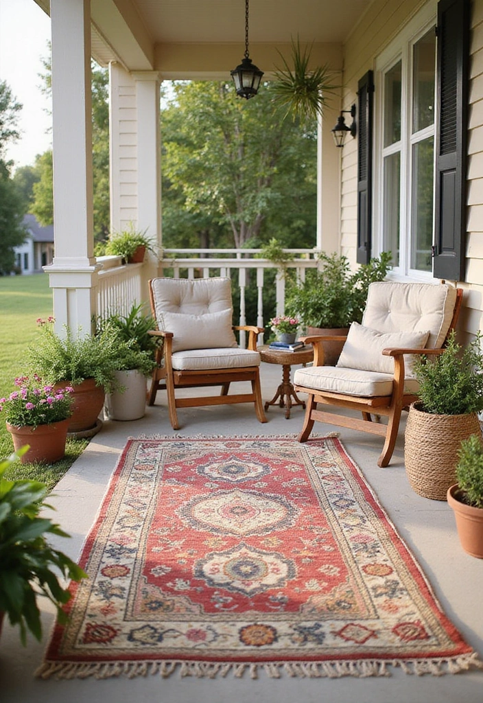 27 Front Porch Landscaping Ideas - 10. Outdoor Rugs