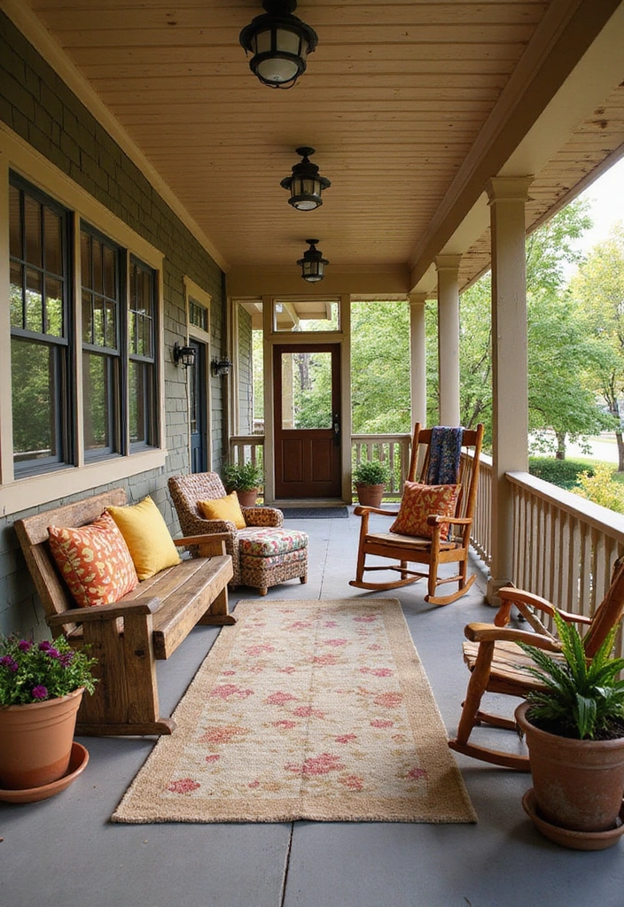 27 Front Porch Landscaping Ideas - 14. Rustic Furniture Pieces