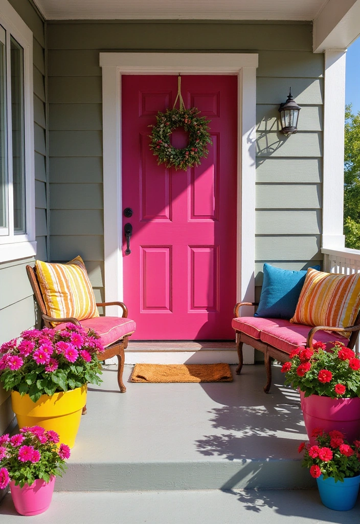 27 Front Porch Landscaping Ideas - 15. Bold Color Accents