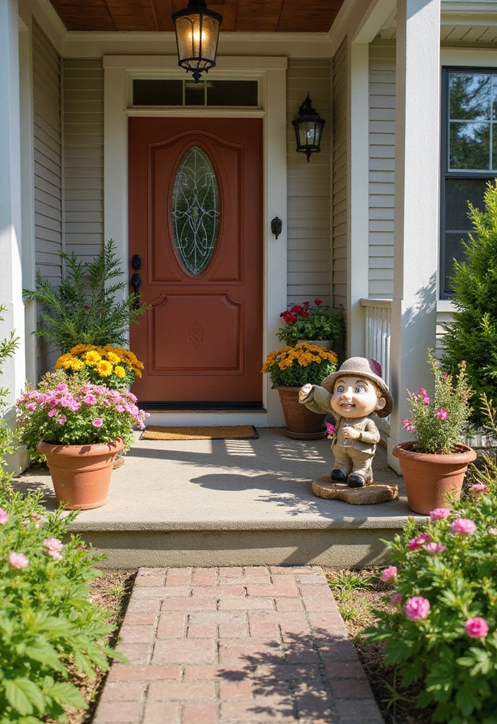 27 Front Porch Landscaping Ideas - 17. Garden Statues and Art