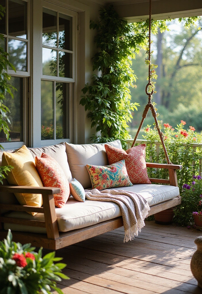 27 Front Porch Landscaping Ideas - 18. Cozy Swing Beds