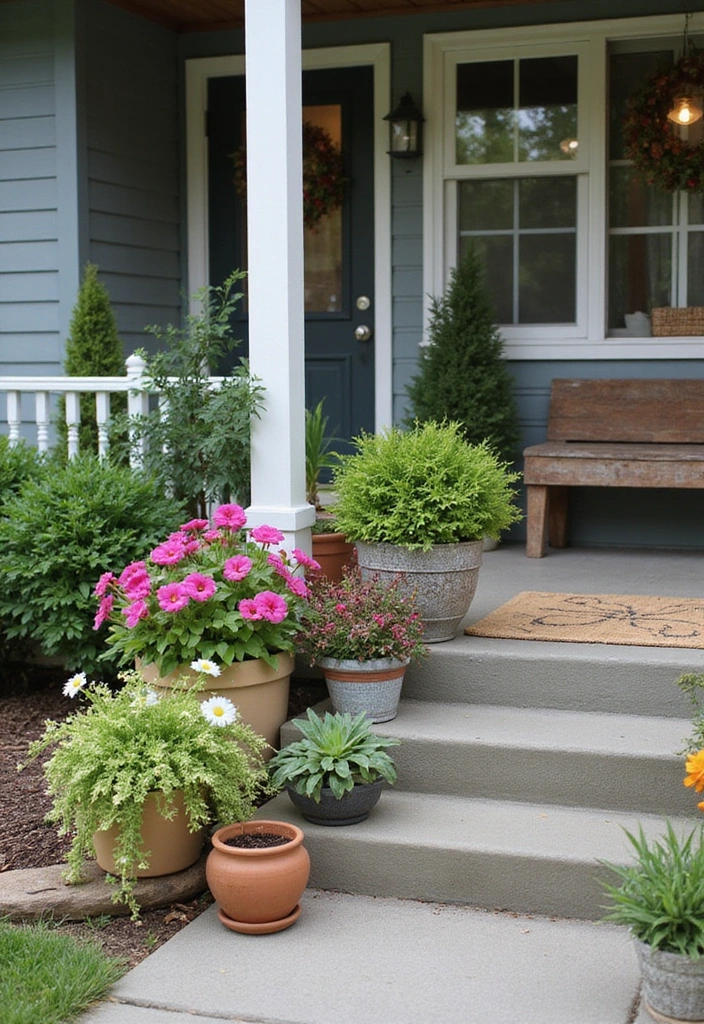 27 Front Porch Landscaping Ideas - 3. Potted Plant Arrangements