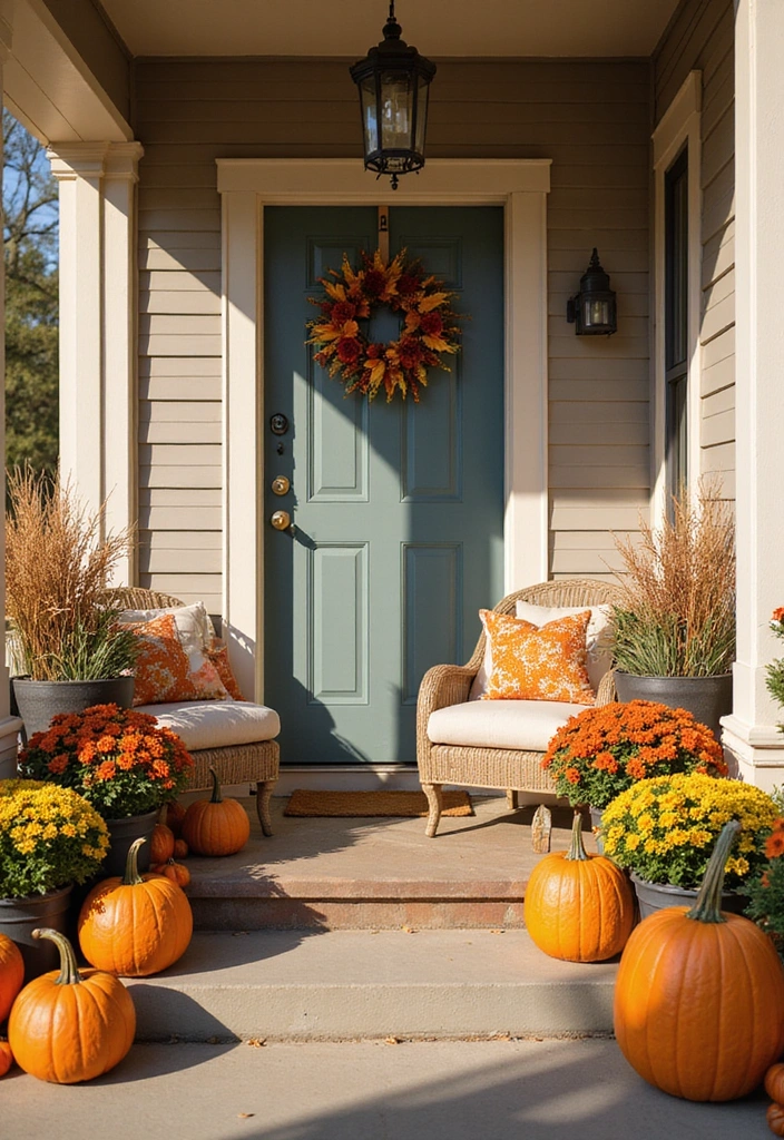 27 Front Porch Landscaping Ideas - 7. Seasonal Displays