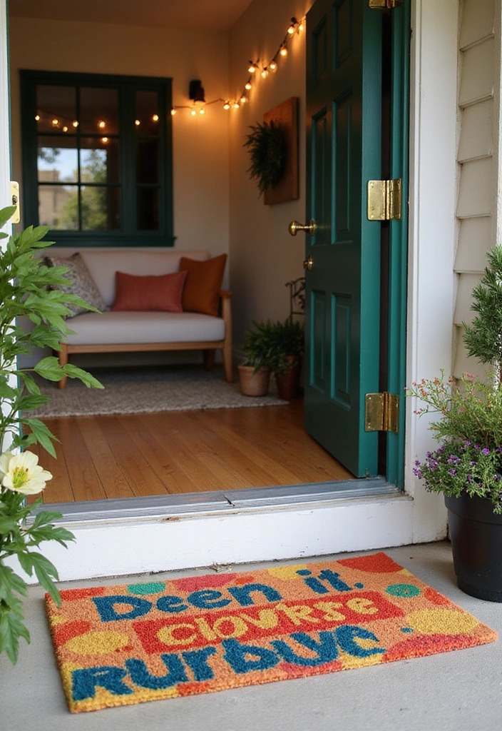 27 Front Porch Landscaping Ideas - 9. Colorful Door Mats