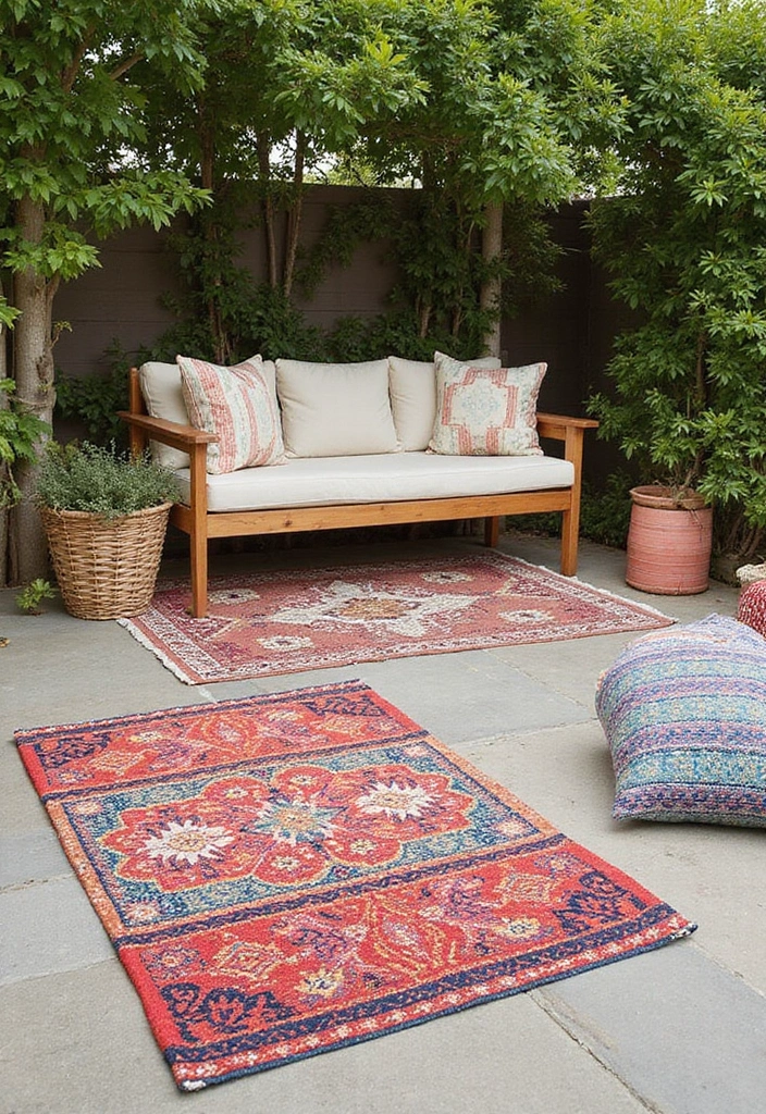 27 Small Backyard Ideas for Enchanting Outdoor Living - 5. Stylish Outdoor Rugs